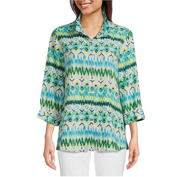 Ali Miles Woven Linen Blend Ikat Point Collar Tunic Top Shirt Sz XL Horn Button - Picture 1 of 8